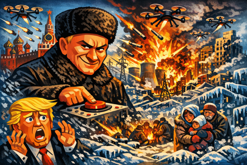 Ucranianos se abrigam no metrô durante ataque russo massivo com temperaturas de -20°C em Kiev, fevereiro 2026