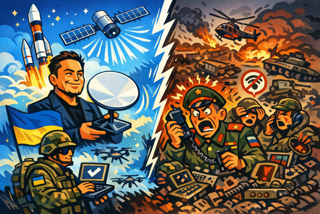 Terminal Starlink em posição militar ucraniana com soldado operando equipamento de comunicação via satélite