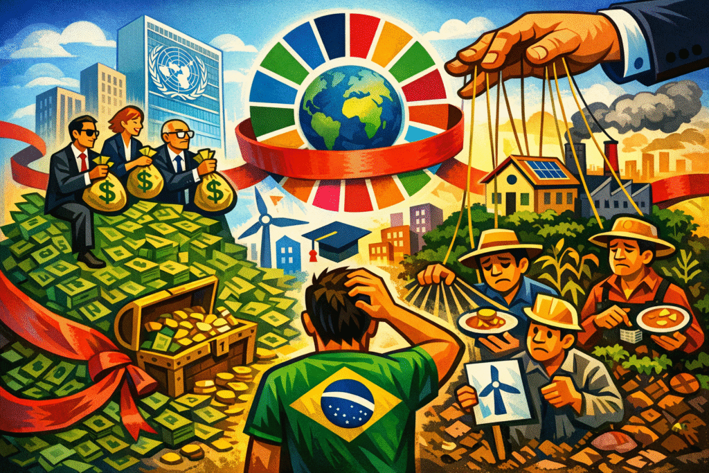 Bandeira da ONU e do Brasil com símbolos dos 17 Objetivos de Desenvolvimento Sustentável ao fundo