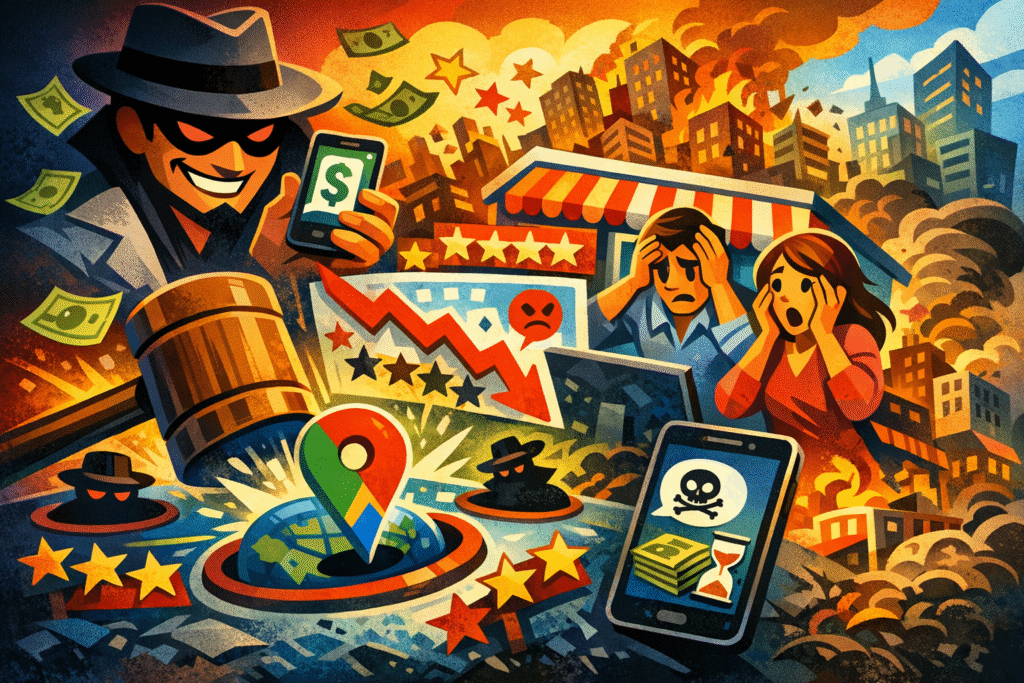 Tela de smartphone exibindo avaliações do Google Maps com estrelas e comentários de usuários