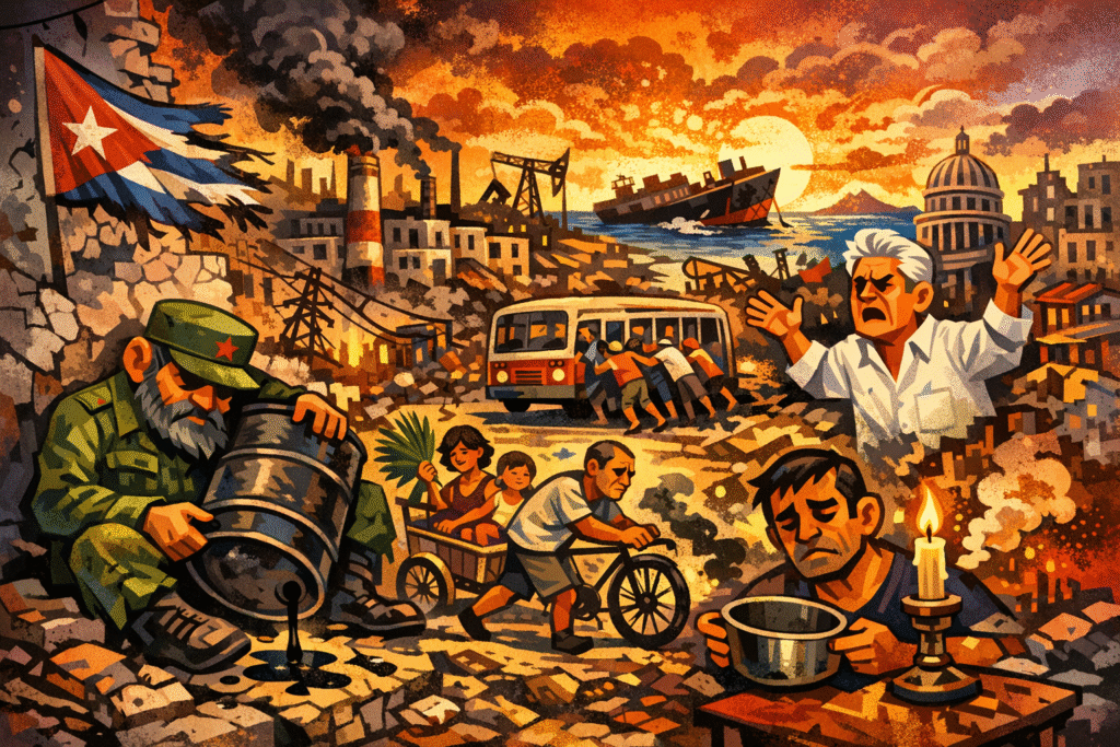 Ruas de Havana durante apagão: carros abandonados e cubanos aguardando transporte que não vem em meio à crise energética