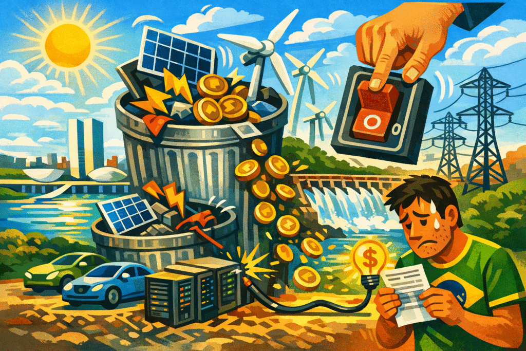 Painéis solares e turbinas eólicas com energia sendo desperdiçada no sistema elétrico brasileiro em 2025