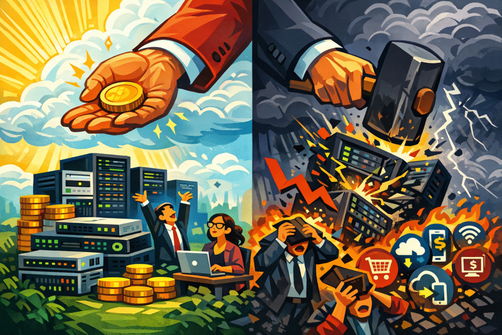 Servidor de data center com bandeira do Brasil e símbolo de imposto, representando a taxação da GECEX 852